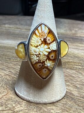 Alan K Yellow Floral Mosaic Glass Sterling Silver Ring